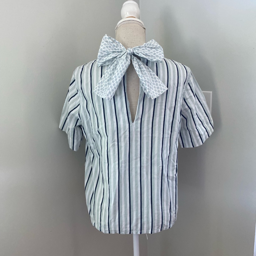 Cecilie Copenhagen Short Sleeve Striped Rollick Blouse W Back Neck Tie